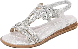 Sandals for Women Flat Sandals Flower Low Heel Summer Comfortable Open Toe Slip-on Sandal Rhinestone Boho Ladies' Flat Sandal Wide Width Dress Orthopedic Working Shoes Wedding Shoes for Bride