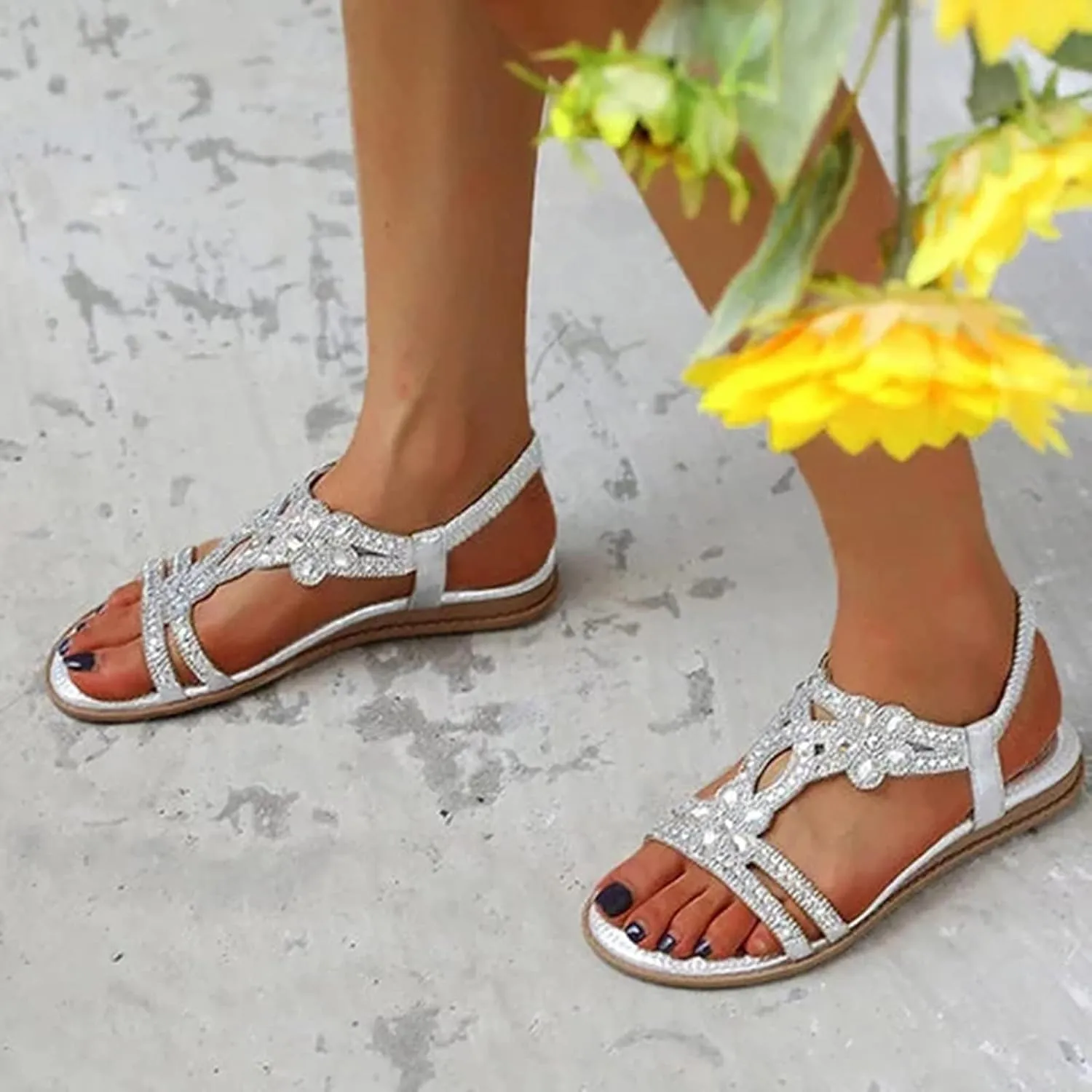 Sandals for Women Flat Sandals Flower Low Heel Summer Comfortable Open Toe Slip-on Sandal Rhinestone Boho Ladies' Flat Sandal Wide Width Dress Orthopedic Working Shoes Wedding Shoes for Bride