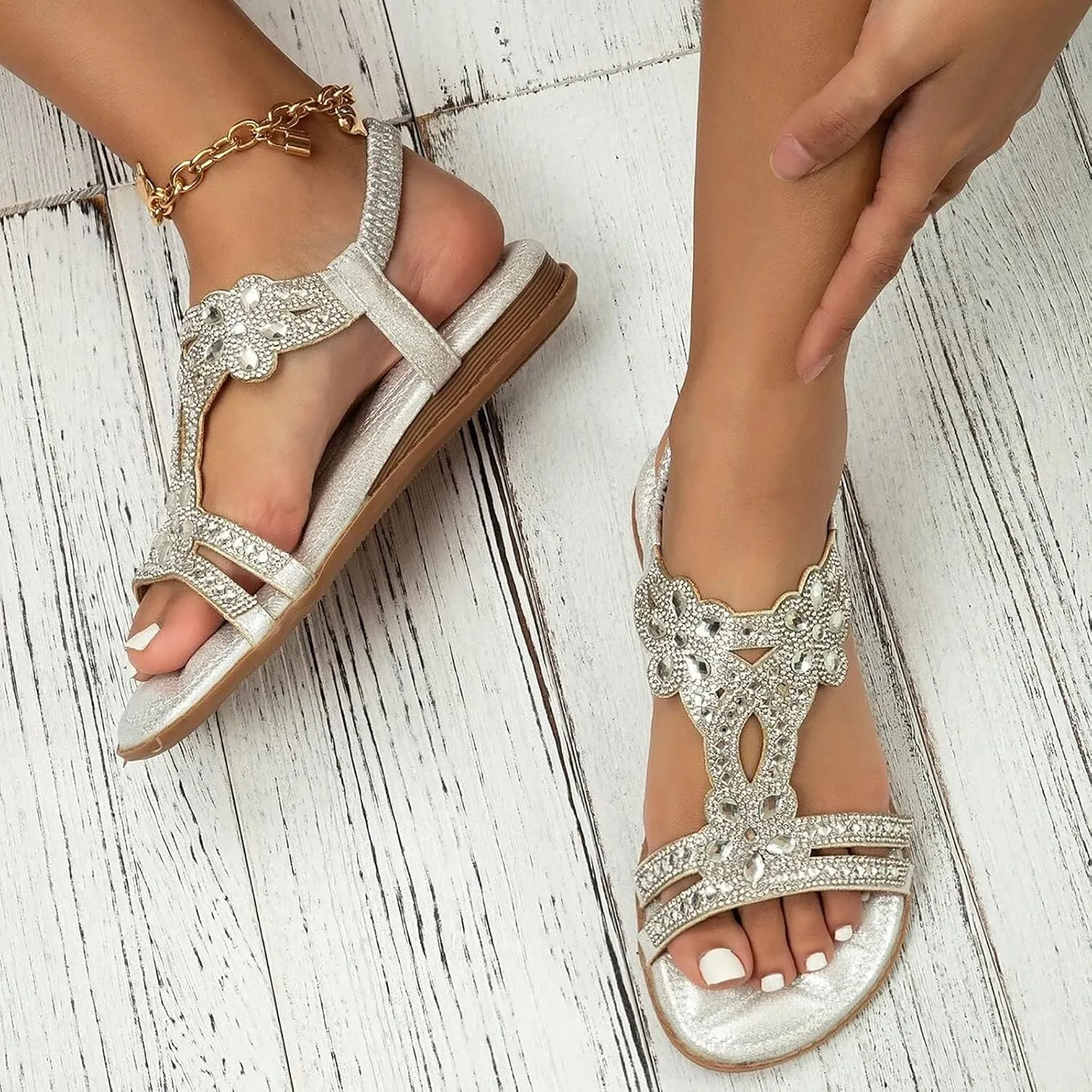 Sandals for Women Flat Sandals Flower Low Heel Summer Comfortable Open Toe Slip-on Sandal Rhinestone Boho Ladies' Flat Sandal Wide Width Dress Orthopedic Working Shoes Wedding Shoes for Bride