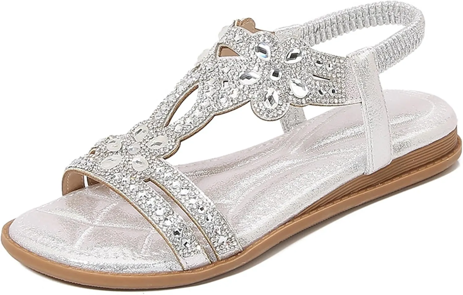 Sandals for Women Flat Sandals Flower Low Heel Summer Comfortable Open Toe Slip-on Sandal Rhinestone Boho Ladies' Flat Sandal Wide Width Dress Orthopedic Working Shoes Wedding Shoes for Bride
