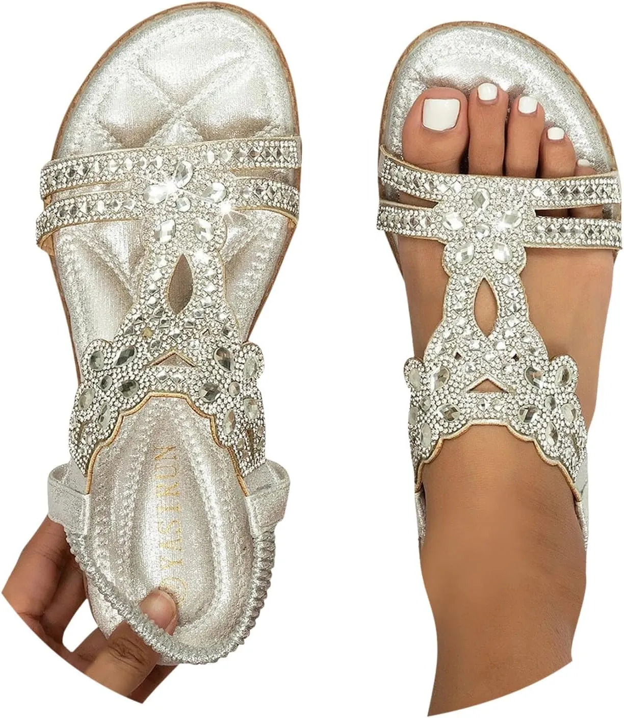 Sandals for Women Flat Sandals Flower Low Heel Summer Comfortable Open Toe Slip-on Sandal Rhinestone Boho Ladies' Flat Sandal Wide Width Dress Orthopedic Working Shoes Wedding Shoes for Bride