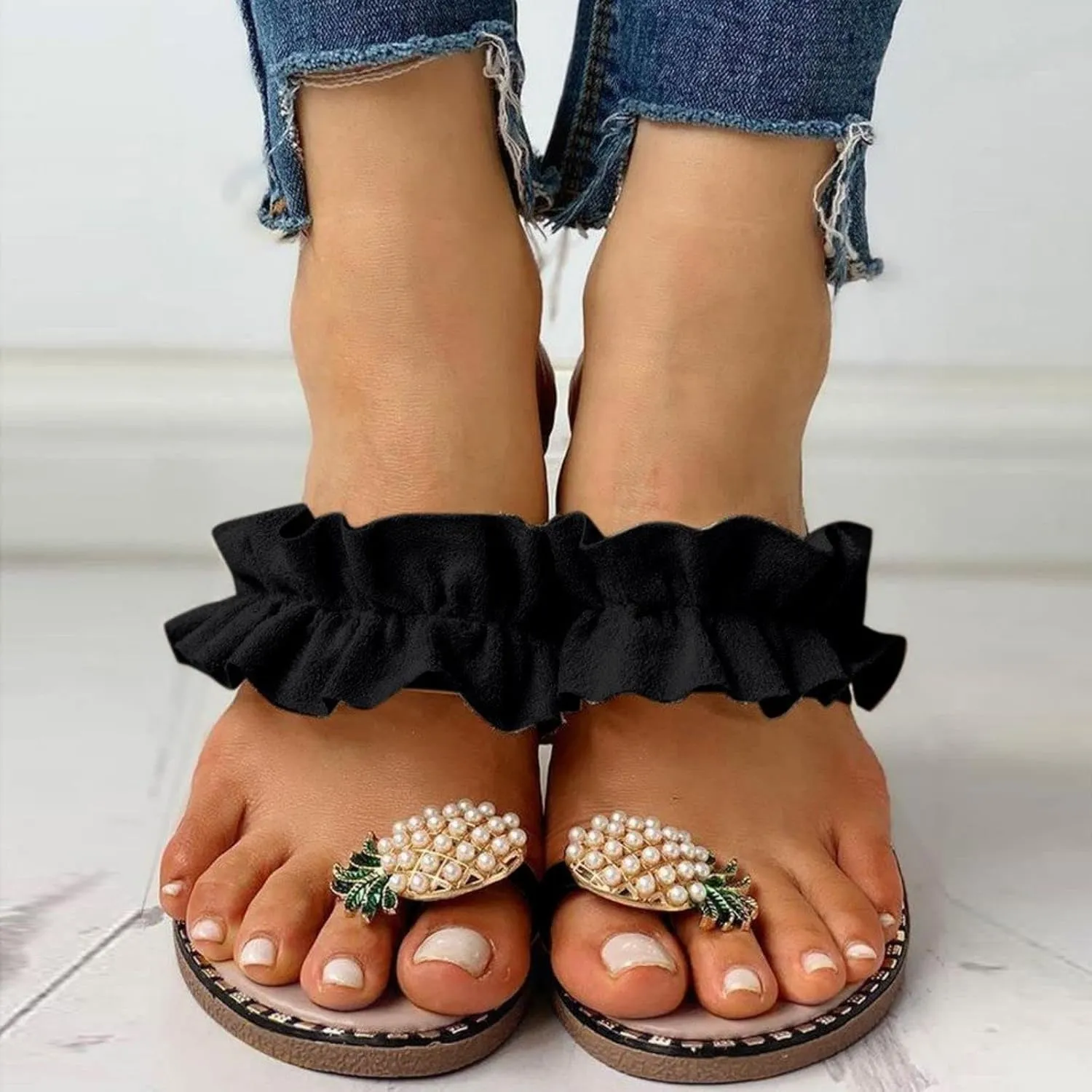 Sandals for Women Flat Sweet Cute Pearls Pineapple Sandals Clip Toe Flip Flops Boho Casual Flat Slippers Beach Shoes