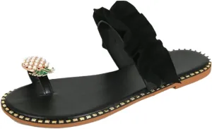 Sandals for Women Flat Sweet Cute Pearls Pineapple Sandals Clip Toe Flip Flops Boho Casual Flat Slippers Beach Shoes