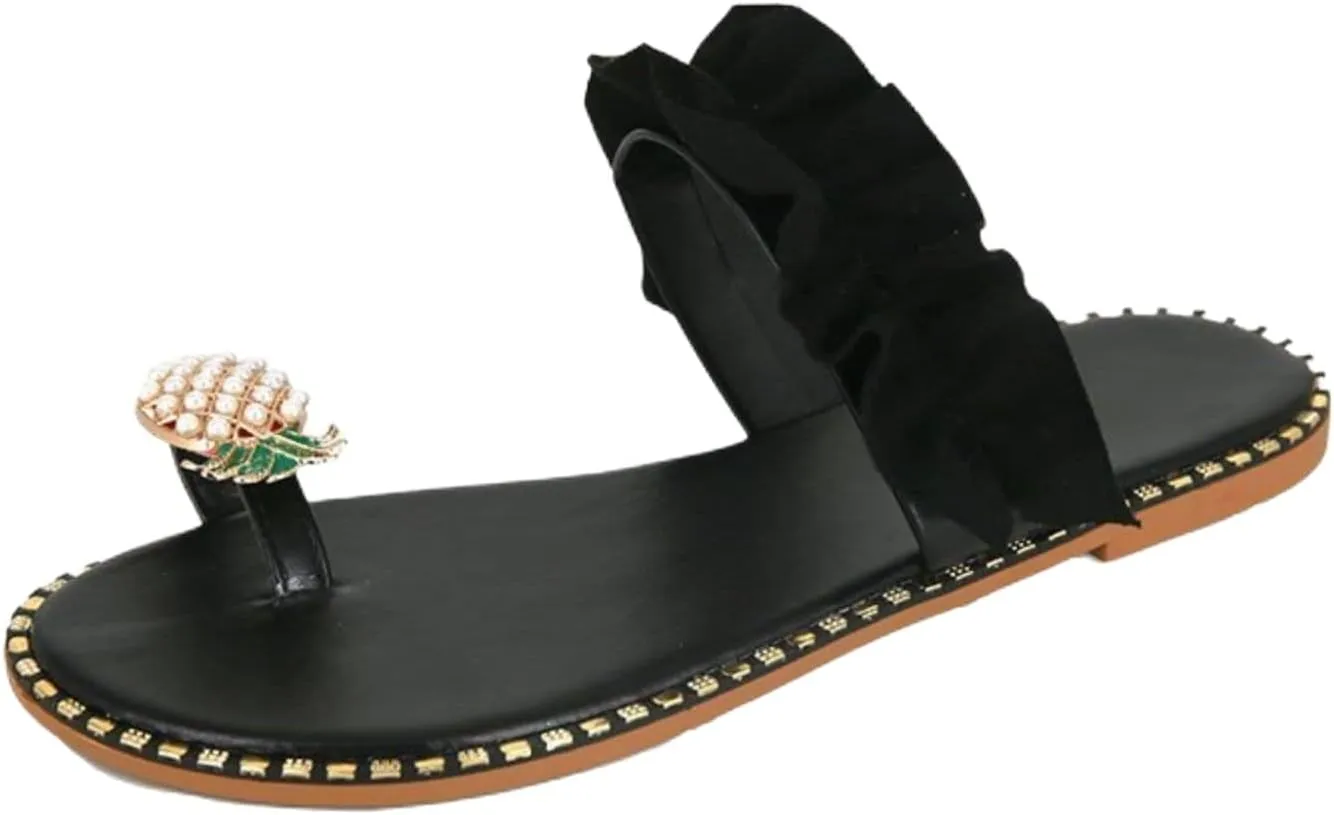 Sandals for Women Flat Sweet Cute Pearls Pineapple Sandals Clip Toe Flip Flops Boho Casual Flat Slippers Beach Shoes
