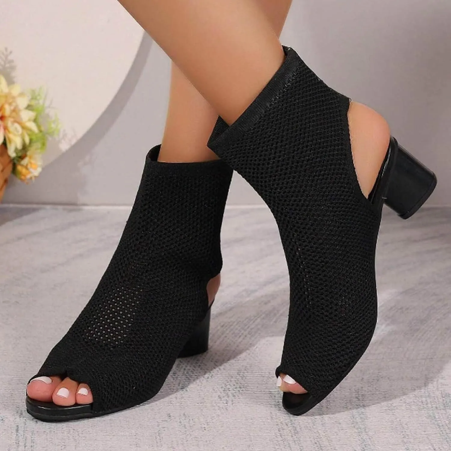 Sexy Casual Dress Shoes Women's Knit Toe Chunky Heel Ankle Boots Open Pointed Toe Slingback Heeled Sandals Summer Casual