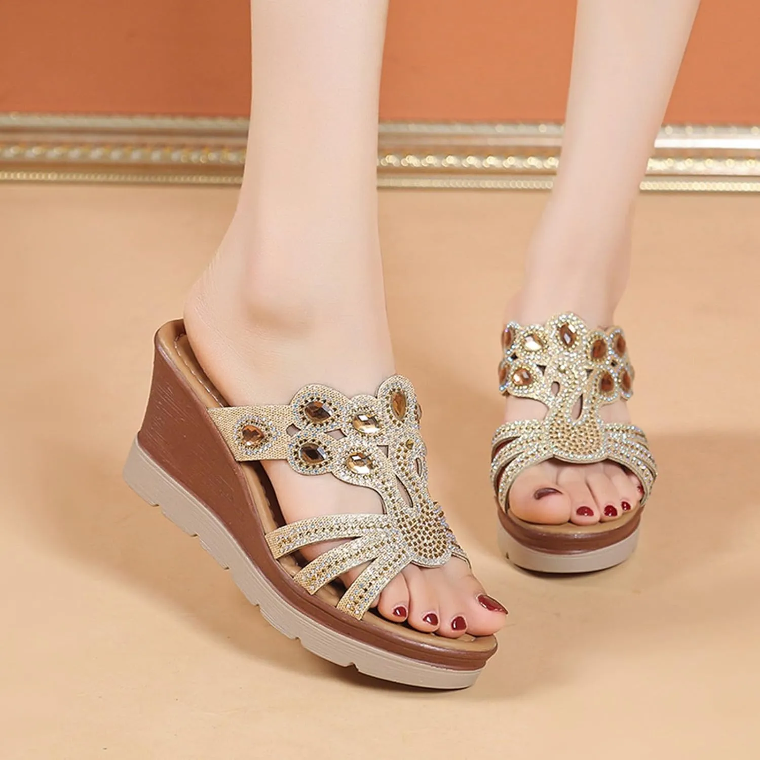 Slip On Wedge Sandals for Women Summer Dressy High Heels Slides Open Toe Platform Slide Sandal Beach Comfortable Wedges Shoe Mules