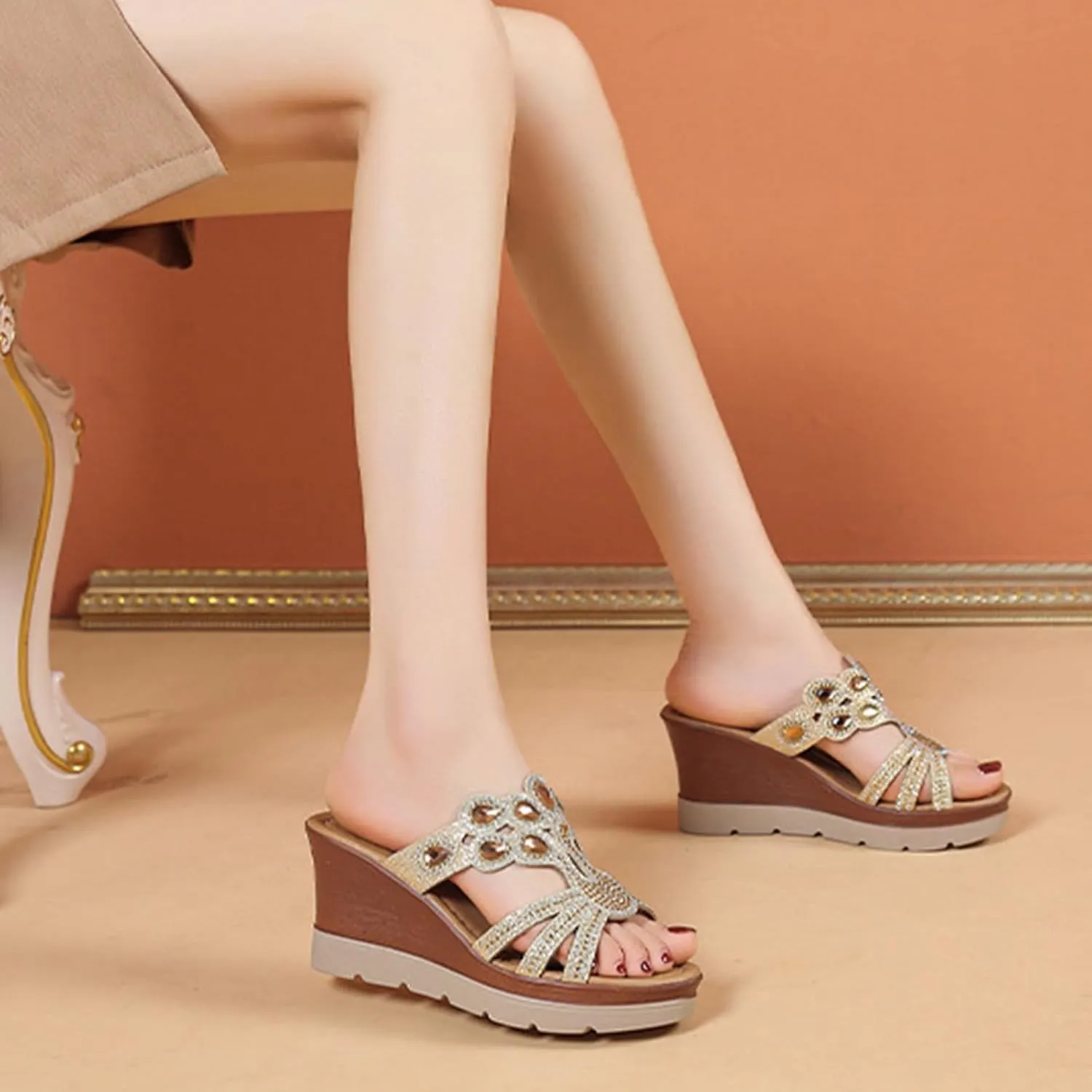 Slip On Wedge Sandals for Women Summer Dressy High Heels Slides Open Toe Platform Slide Sandal Beach Comfortable Wedges Shoe Mules