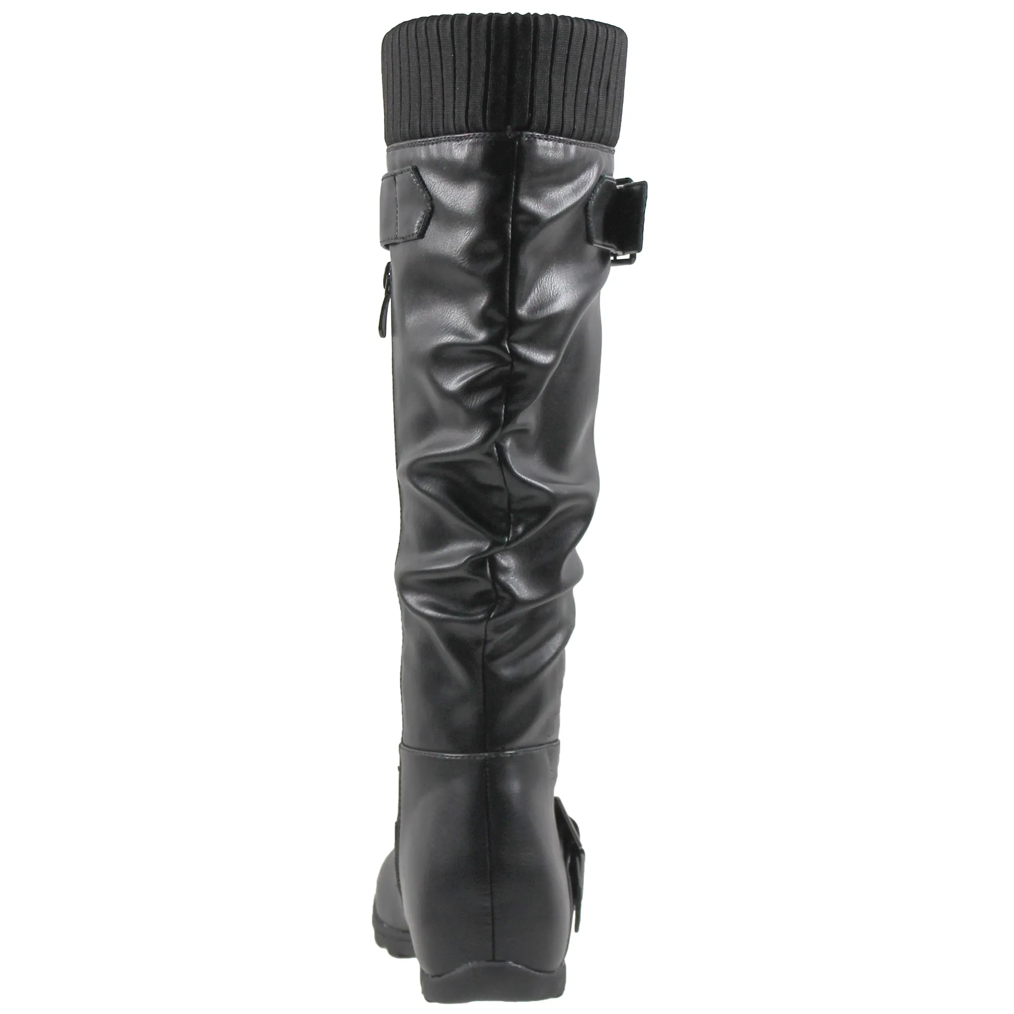 SOBEYO Women's Boots Ruched Knit Cuff Double Straps Buckles Black Leather