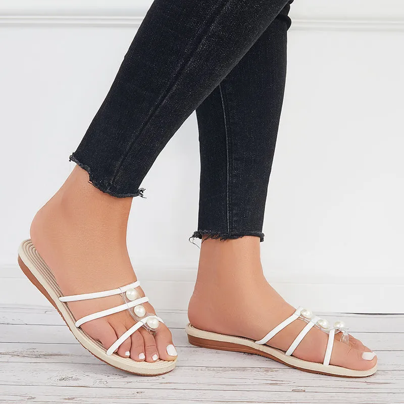 Sohiwoo Women Pearl Flip Flop Sandals Round Toe Flat Slippers Slide Shoes