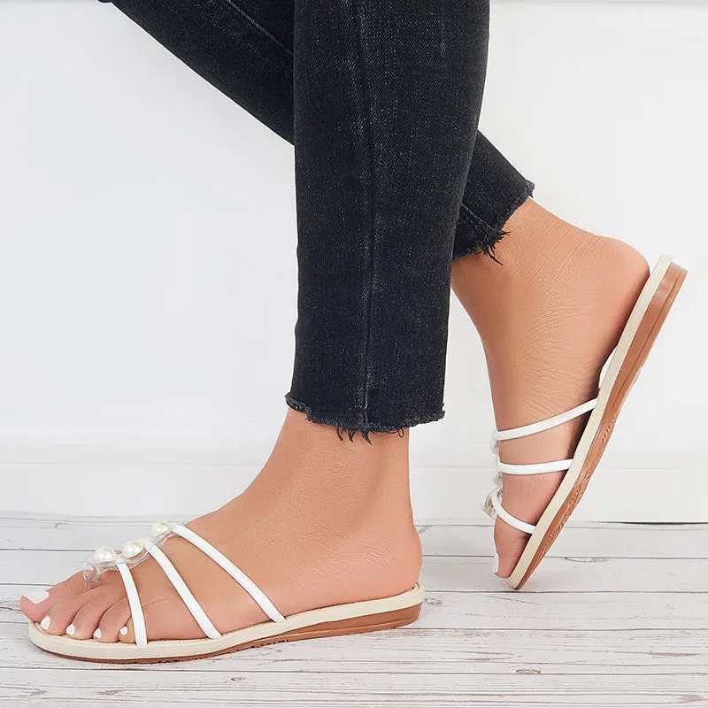 Sohiwoo Women Pearl Flip Flop Sandals Round Toe Flat Slippers Slide Shoes