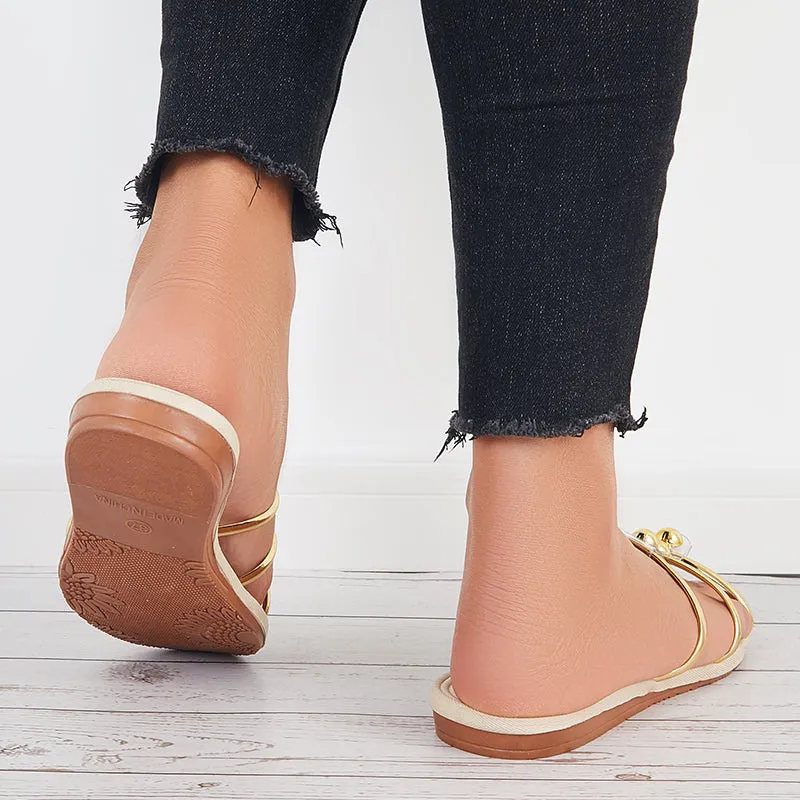Sohiwoo Women Pearl Flip Flop Sandals Round Toe Flat Slippers Slide Shoes