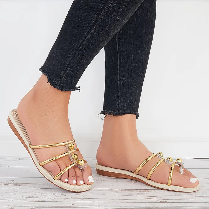 Sohiwoo Women Pearl Flip Flop Sandals Round Toe Flat Slippers Slide Shoes
