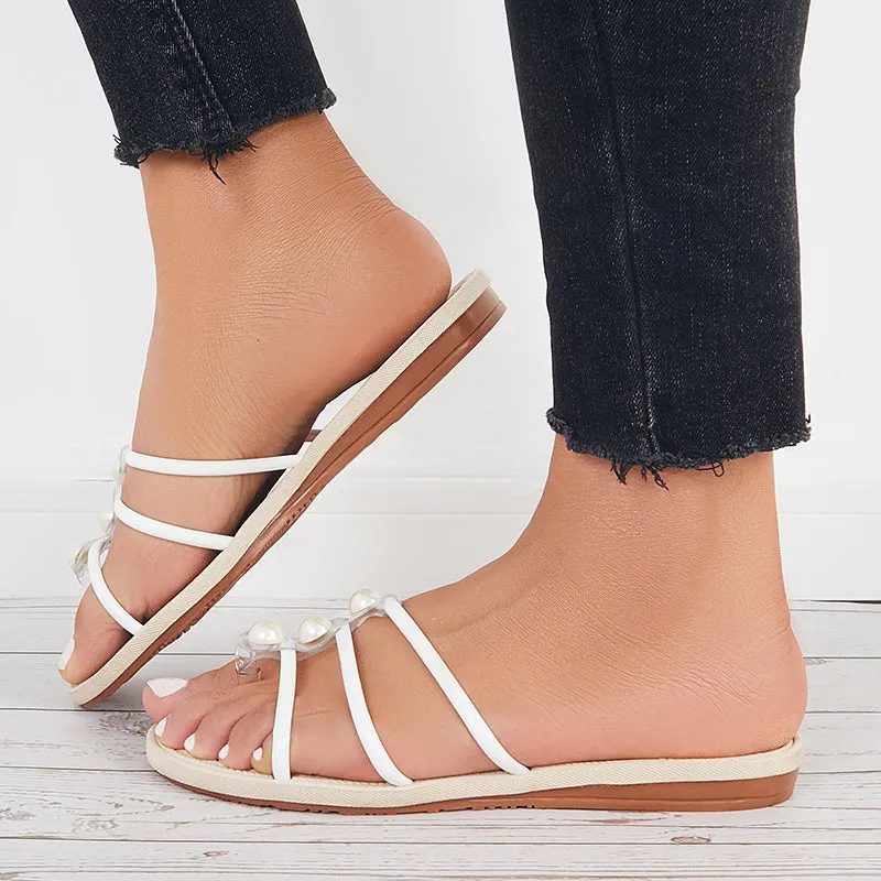 Sohiwoo Women Pearl Flip Flop Sandals Round Toe Flat Slippers Slide Shoes