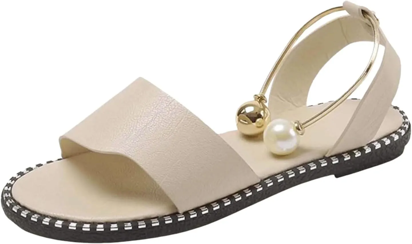 SuanlaTDS Womens Flat Sandals 2025 Dressy Pearl Metal Ankle Open Toe Slip-on Casual Walking Summer Comfortable Daily Wear Bohemian Slides Beach Flip Flops Low Heel Party Shoes Outdoor Sandal