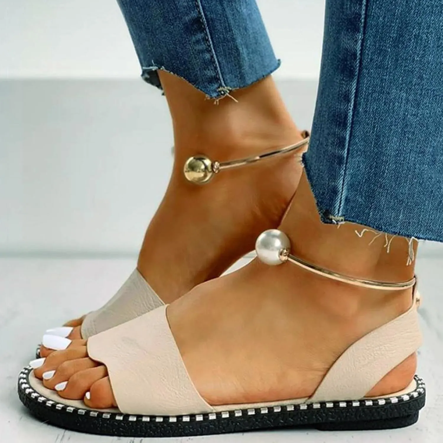 SuanlaTDS Womens Flat Sandals 2025 Dressy Pearl Metal Ankle Open Toe Slip-on Casual Walking Summer Comfortable Daily Wear Bohemian Slides Beach Flip Flops Low Heel Party Shoes Outdoor Sandal