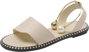 SuanlaTDS Womens Flat Sandals 2025 Dressy Pearl Metal Ankle Open Toe Slip-on Casual Walking Summer Comfortable Daily Wear Bohemian Slides Beach Flip Flops Low Heel Party Shoes Outdoor Sandal