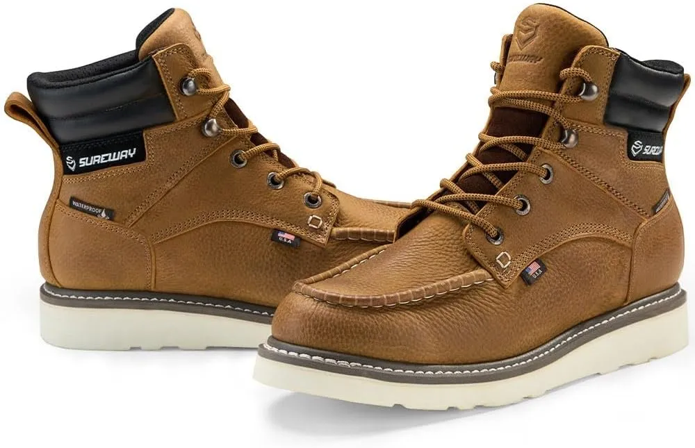 SUREWAY Men 6 Inch Waterproof Soft Toe Work Boots - Moc Toe,Construction Industrial Safety Leather Work Shoes,Oil/Slip Resistant Comfortable Wedge Outsole,EH Rated, Welt,Lace Up,Heavy Duty