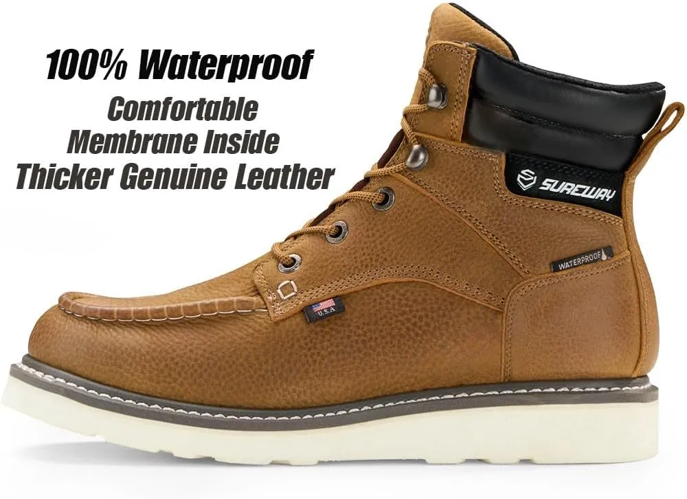 SUREWAY Men 6 Inch Waterproof Soft Toe Work Boots - Moc Toe,Construction Industrial Safety Leather Work Shoes,Oil/Slip Resistant Comfortable Wedge Outsole,EH Rated, Welt,Lace Up,Heavy Duty
