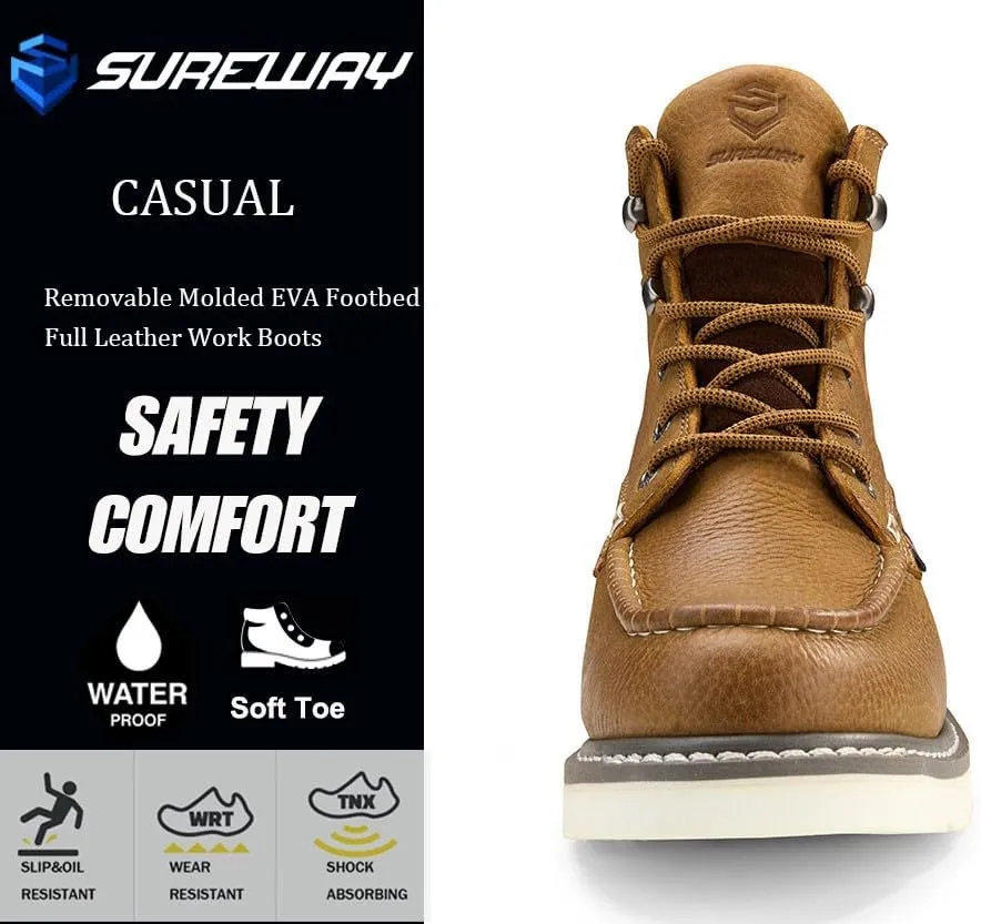 SUREWAY Men 6 Inch Waterproof Soft Toe Work Boots - Moc Toe,Construction Industrial Safety Leather Work Shoes,Oil/Slip Resistant Comfortable Wedge Outsole,EH Rated, Welt,Lace Up,Heavy Duty