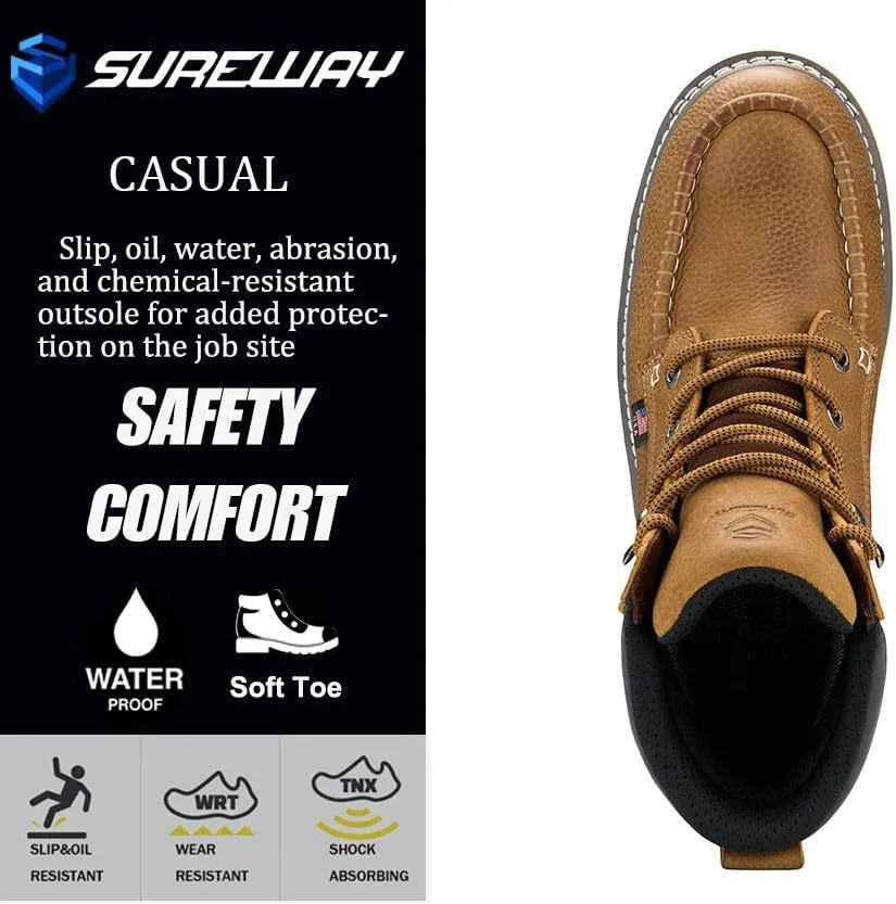 SUREWAY Men 6 Inch Waterproof Soft Toe Work Boots - Moc Toe,Construction Industrial Safety Leather Work Shoes,Oil/Slip Resistant Comfortable Wedge Outsole,EH Rated, Welt,Lace Up,Heavy Duty