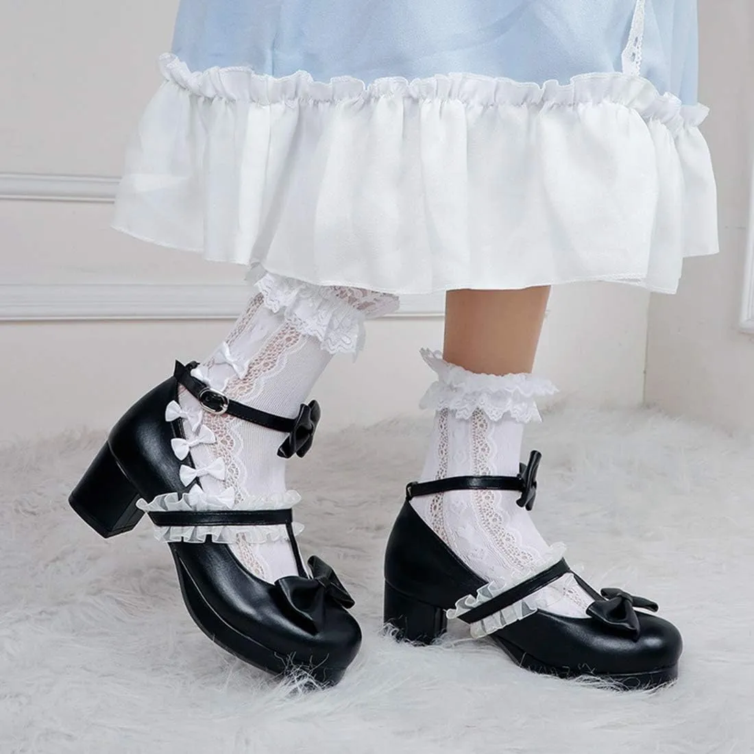 VOKLIN Women's Girls Sweet Bow Lolita Mary Janes Pumps Ankle Strap Platform Block Mid Heel Oxford Dress Shoes