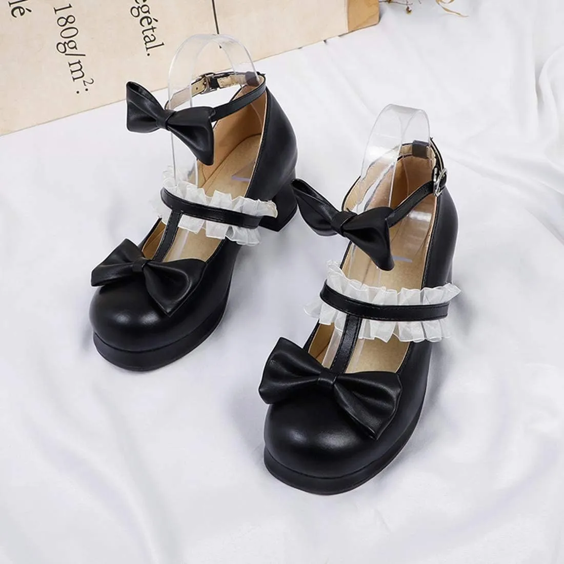 VOKLIN Women's Girls Sweet Bow Lolita Mary Janes Pumps Ankle Strap Platform Block Mid Heel Oxford Dress Shoes