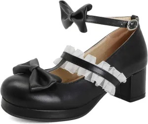 VOKLIN Women's Girls Sweet Bow Lolita Mary Janes Pumps Ankle Strap Platform Block Mid Heel Oxford Dress Shoes