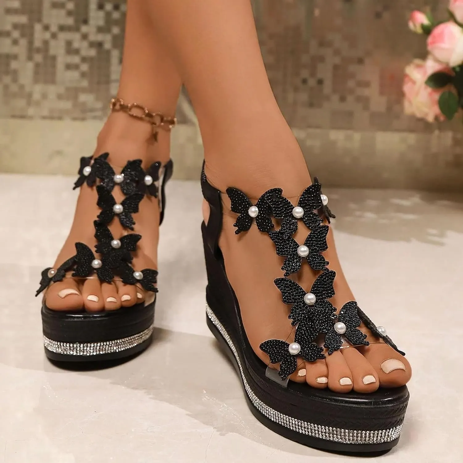 Wedge Sandals for Women Wedge Sandal Women's Elastic Back Strap Wedge Heels Summer Butterfly Pumps Shoes