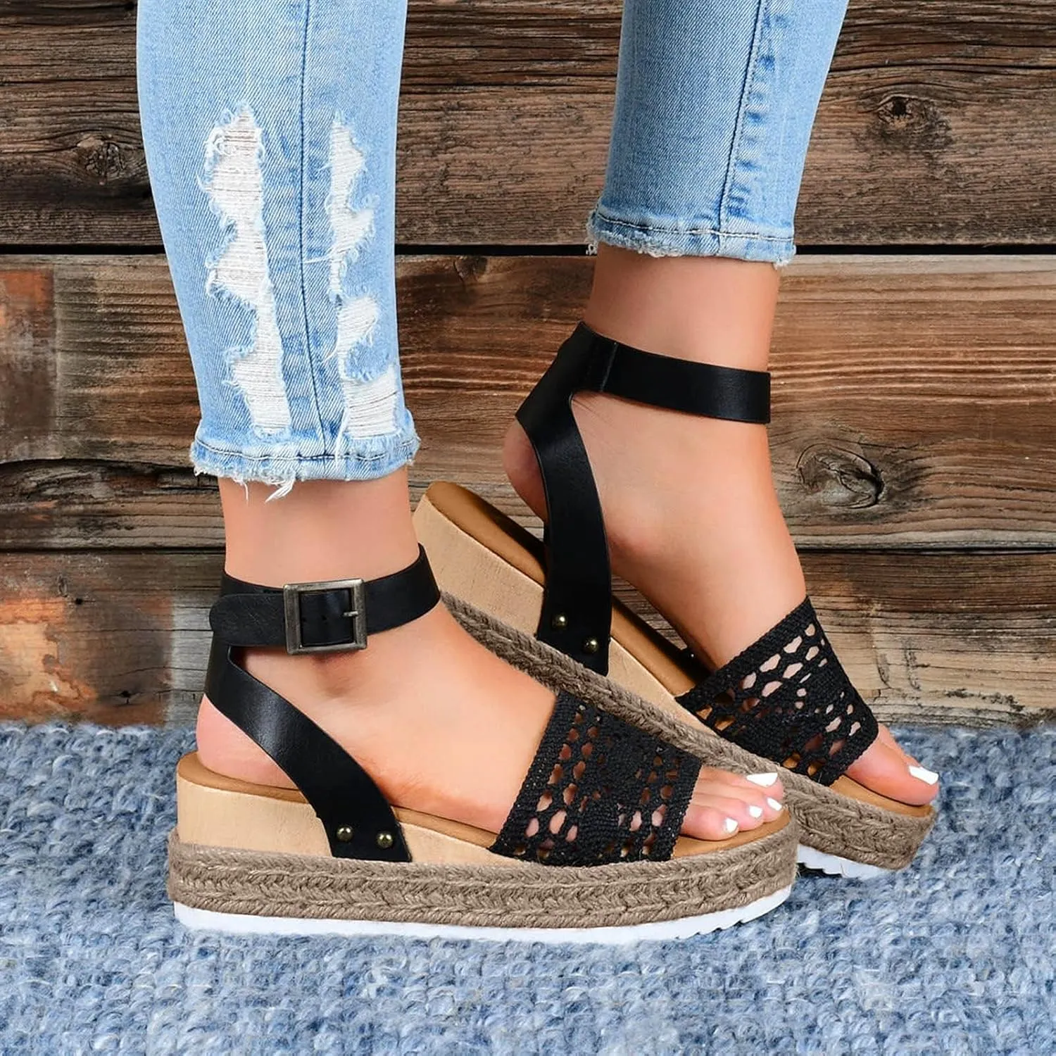 Wedges Beach Breathable Women's Weave Strap Open Sandals Shoes Summer Toe Women's Wedges Shoes