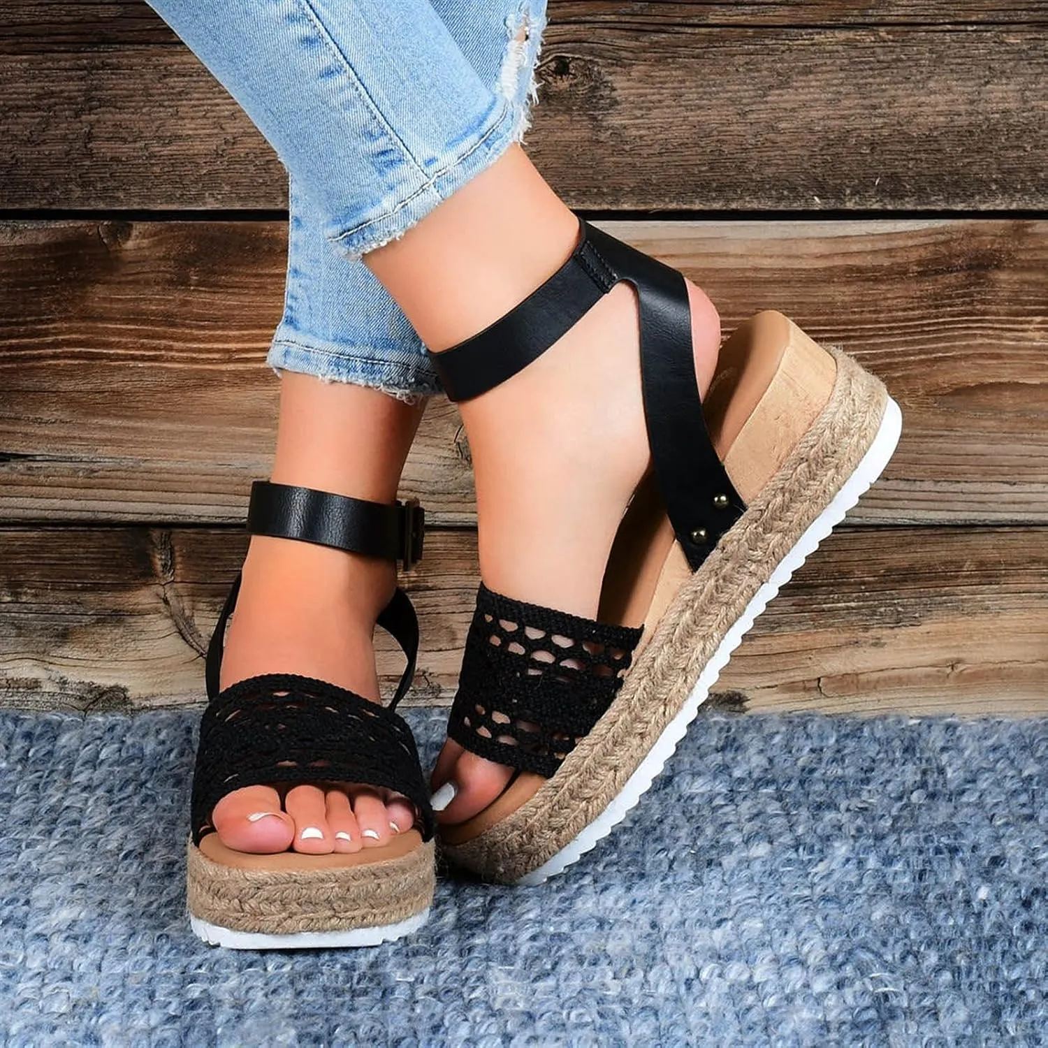Wedges Beach Breathable Women's Weave Strap Open Sandals Shoes Summer Toe Women's Wedges Shoes