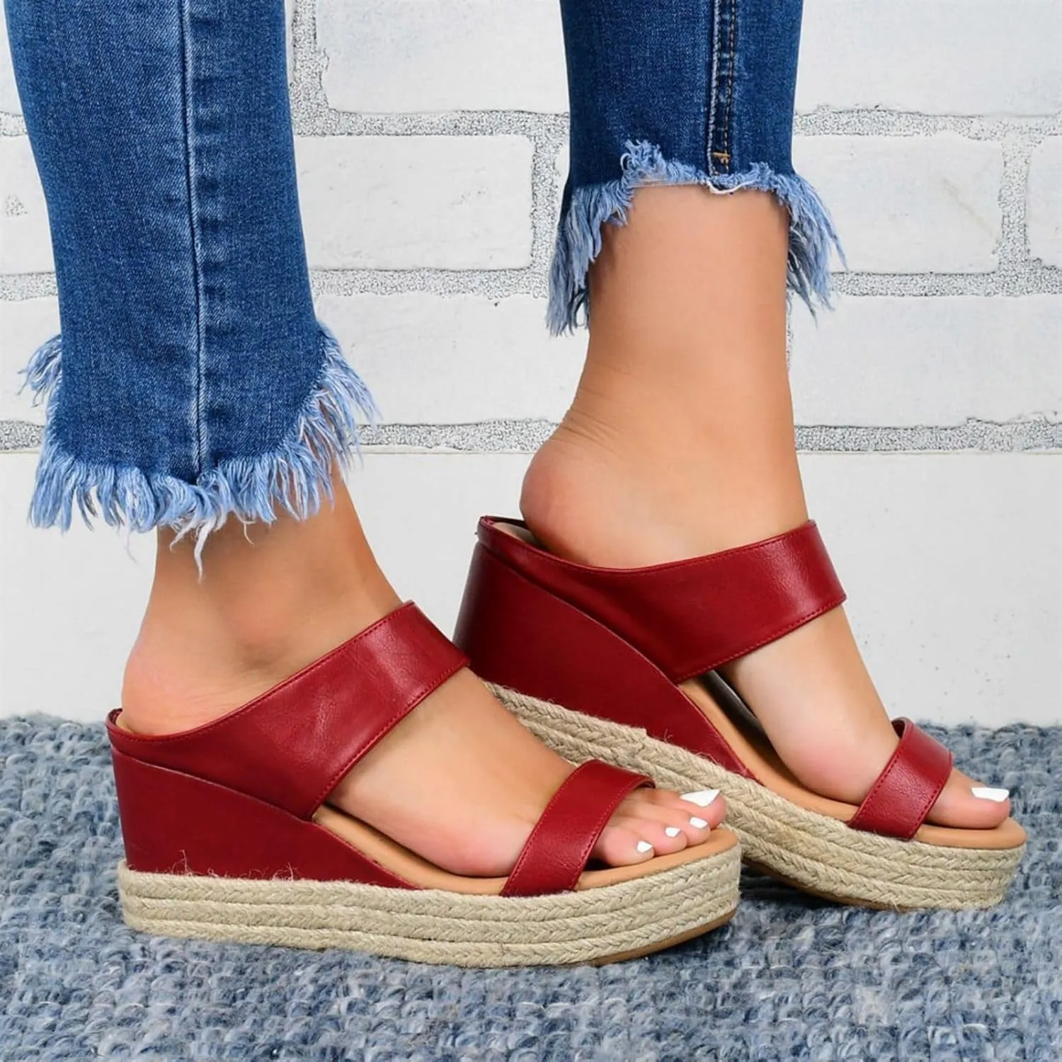 Women Slip On Espadrilles Platform Wedge Sandals Slide Open Toe Espadrille Flatform Wedges Casual Sandal Dressy Summer Comfort Breathable Outdoor Walking Shoes Beach Wedding Slippers