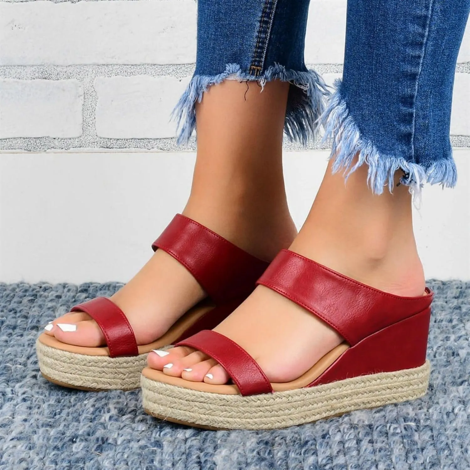 Women Slip On Espadrilles Platform Wedge Sandals Slide Open Toe Espadrille Flatform Wedges Casual Sandal Dressy Summer Comfort Breathable Outdoor Walking Shoes Beach Wedding Slippers