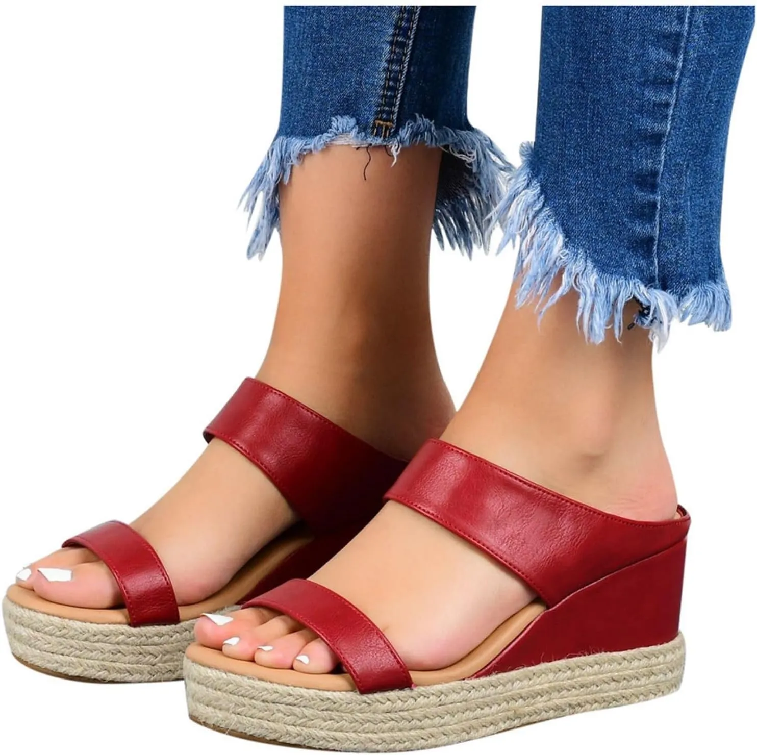 Women Slip On Espadrilles Platform Wedge Sandals Slide Open Toe Espadrille Flatform Wedges Casual Sandal Dressy Summer Comfort Breathable Outdoor Walking Shoes Beach Wedding Slippers