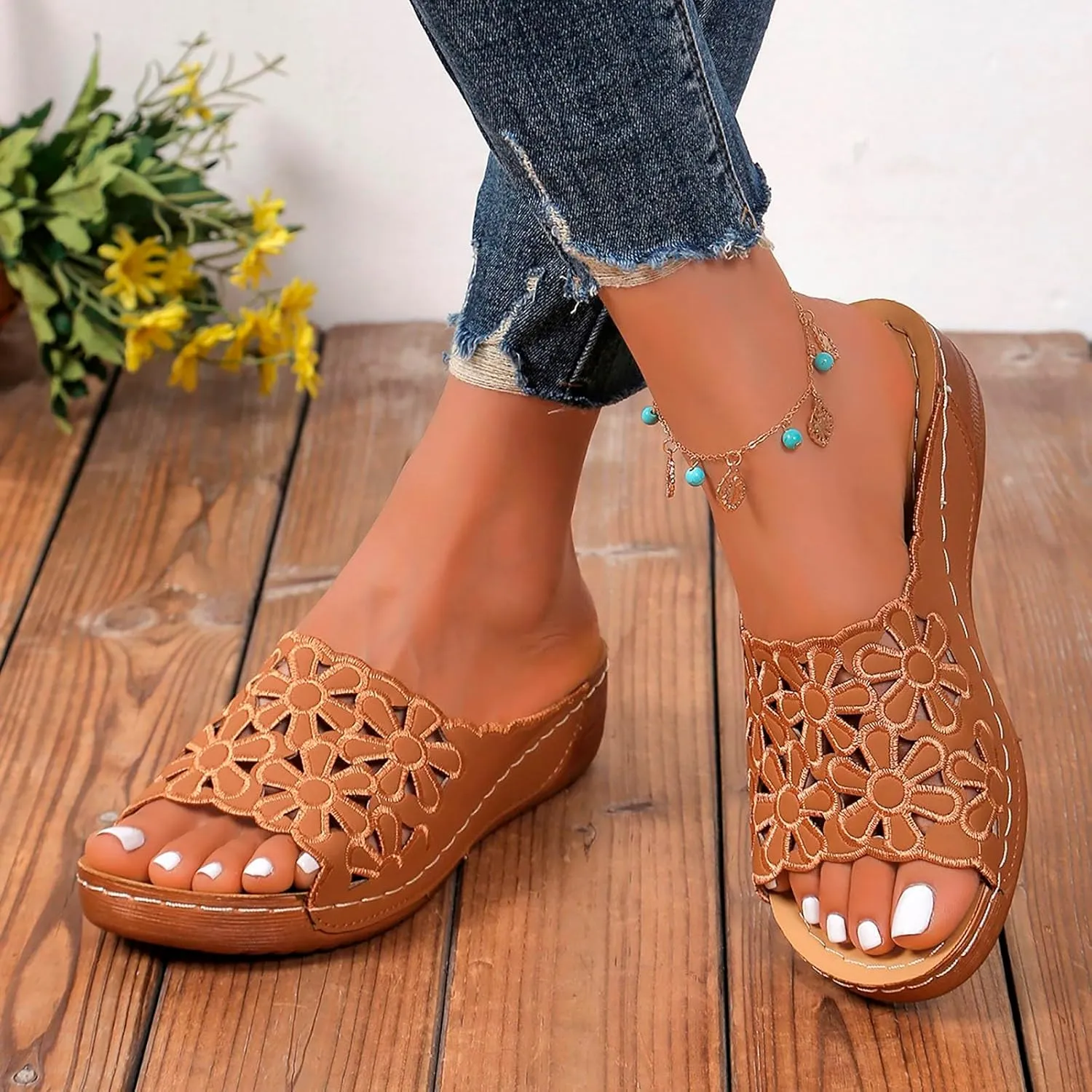 Women's Arch Support Platform Sandals Slip on Wedge Sandal with Elastic Orthopedic Sandals with Arch Support