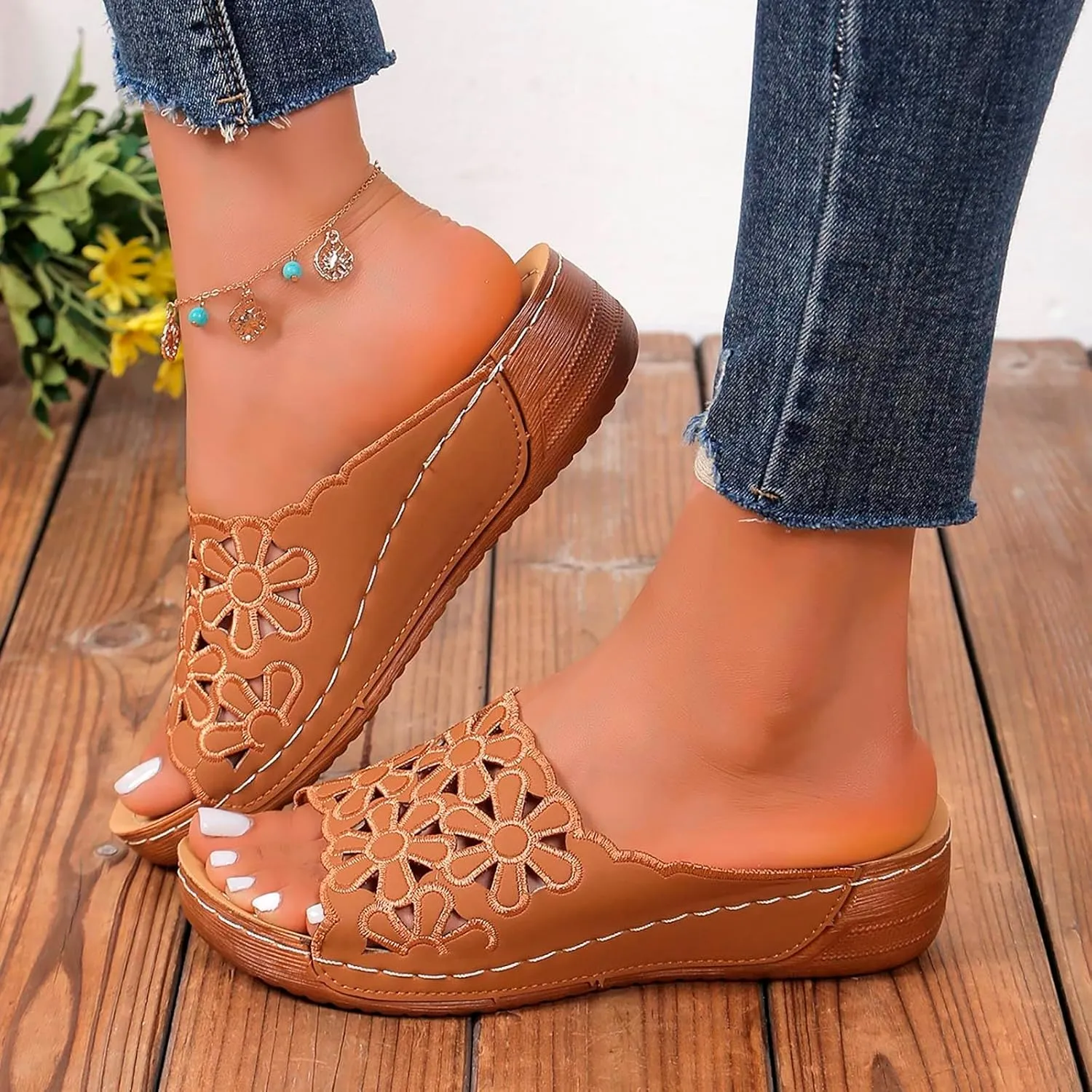Women's Arch Support Platform Sandals Slip on Wedge Sandal with Elastic Orthopedic Sandals with Arch Support