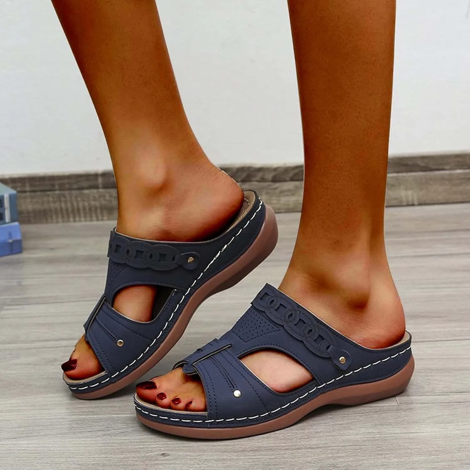 Women's Arch Support Sandals Summer Comfort Slip on Slides Casual Outdoor Walking Sandal Beach Shoes for Holiday