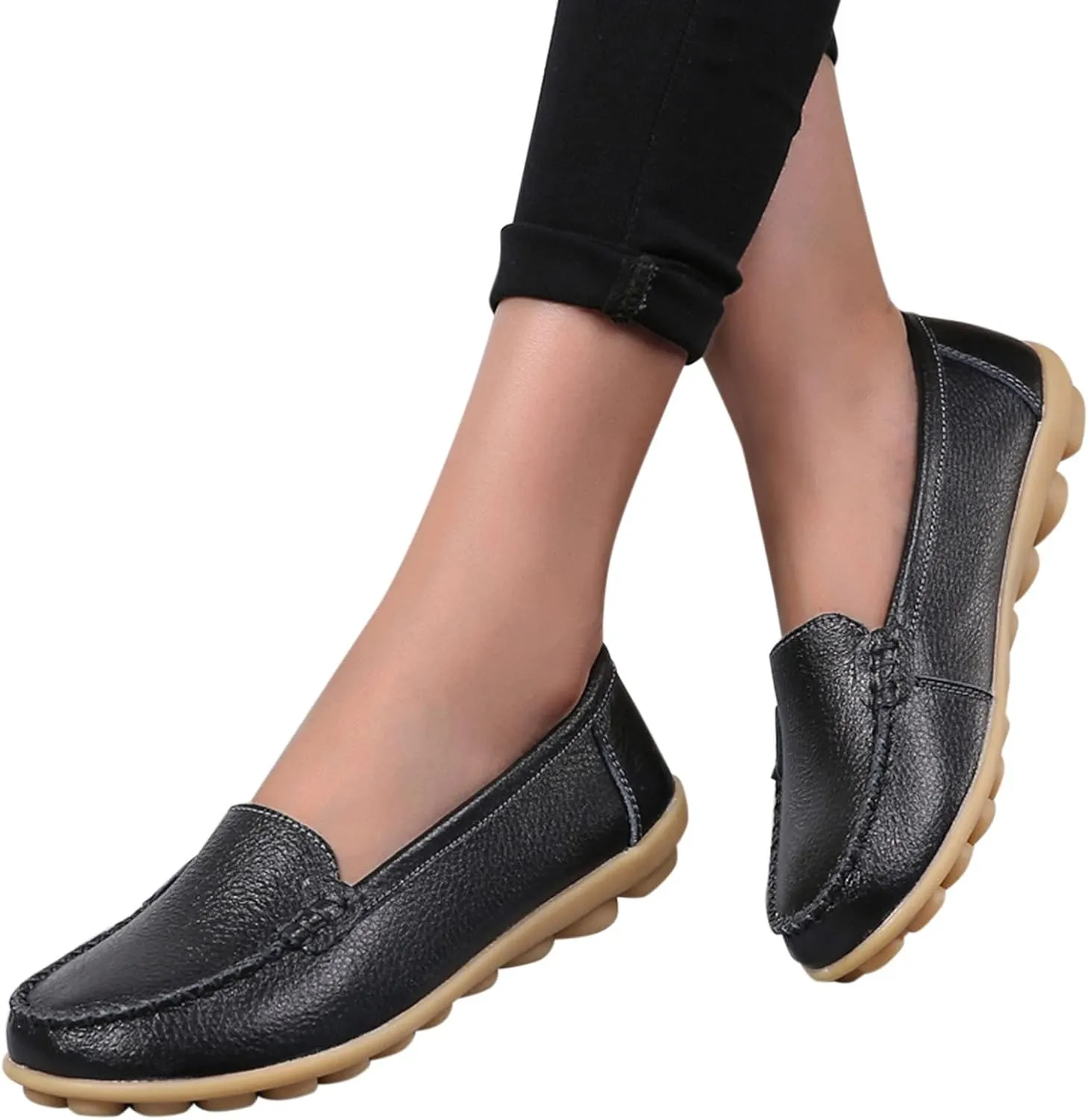 Women's Comfortable Loafers Soft Leather Slip on Casual Outdoor Sandals Round Toe Driving Flat Work Walking Shoes for Women Dressy Low Heels Orthopedic Sandals 