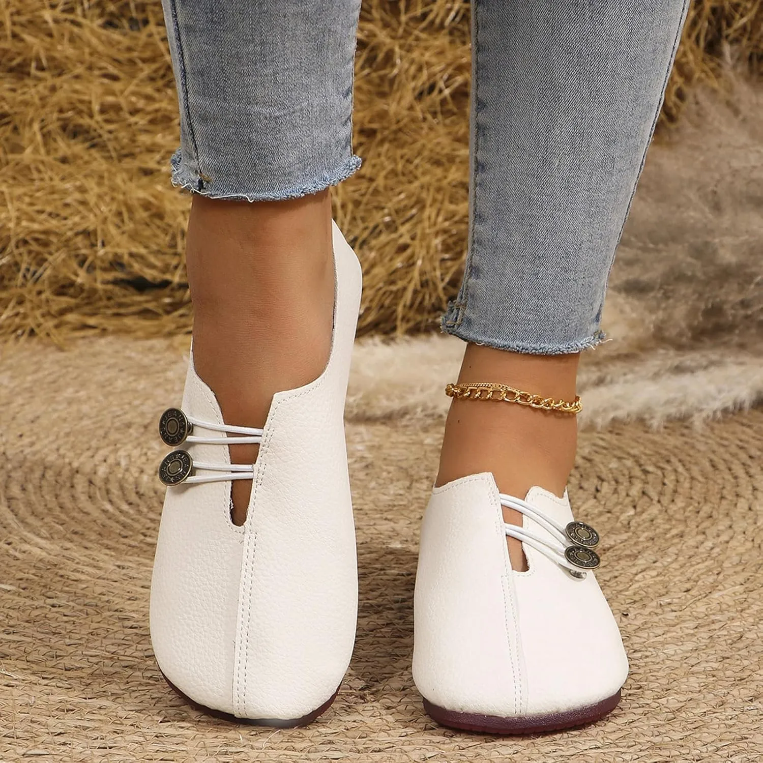 Womens Flats Shoes Slip On Closed Toe Round Head Sandals with Button Business Lightweight Loafers Shoes for Everyday Elegance