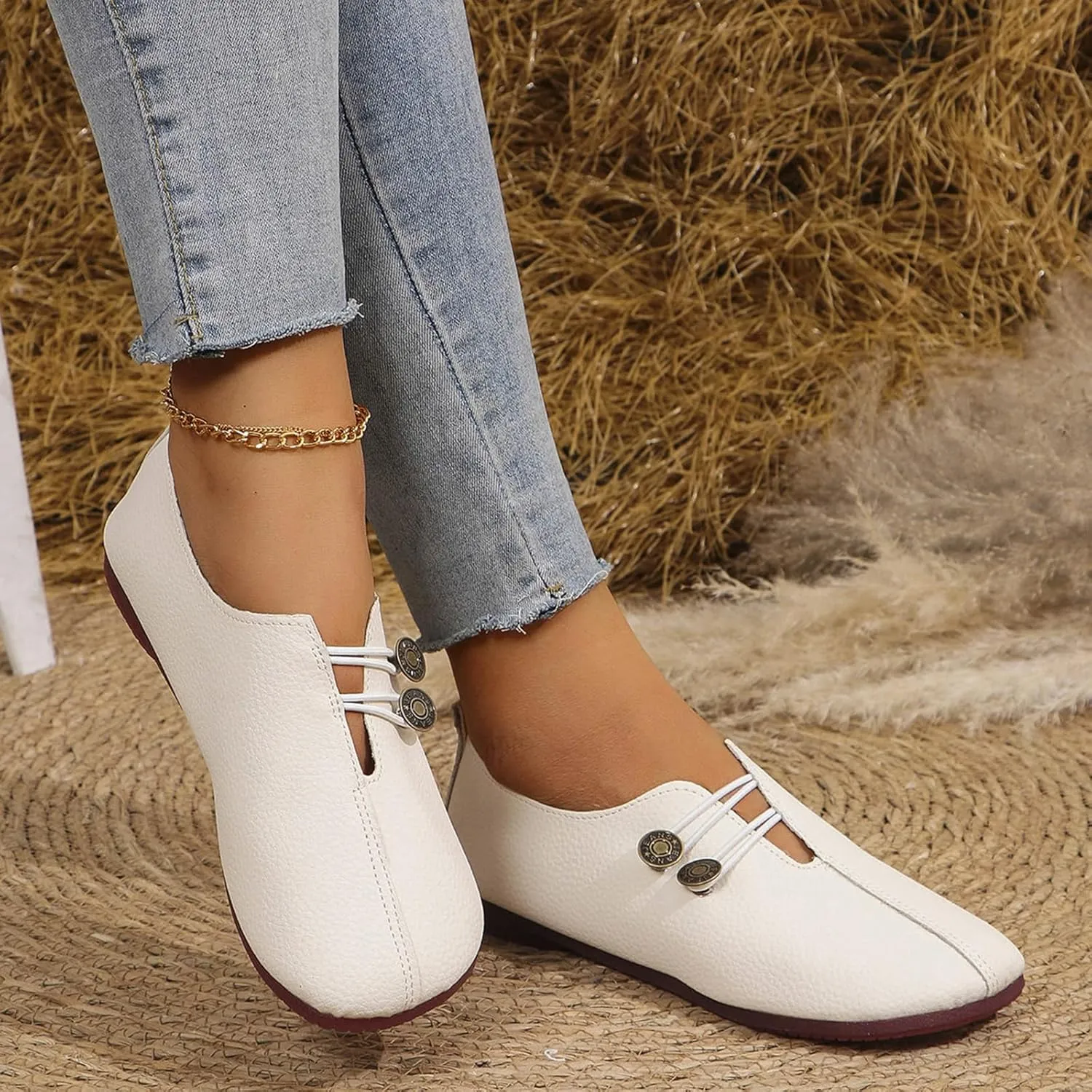 Womens Flats Shoes Slip On Closed Toe Round Head Sandals with Button Business Lightweight Loafers Shoes for Everyday Elegance
