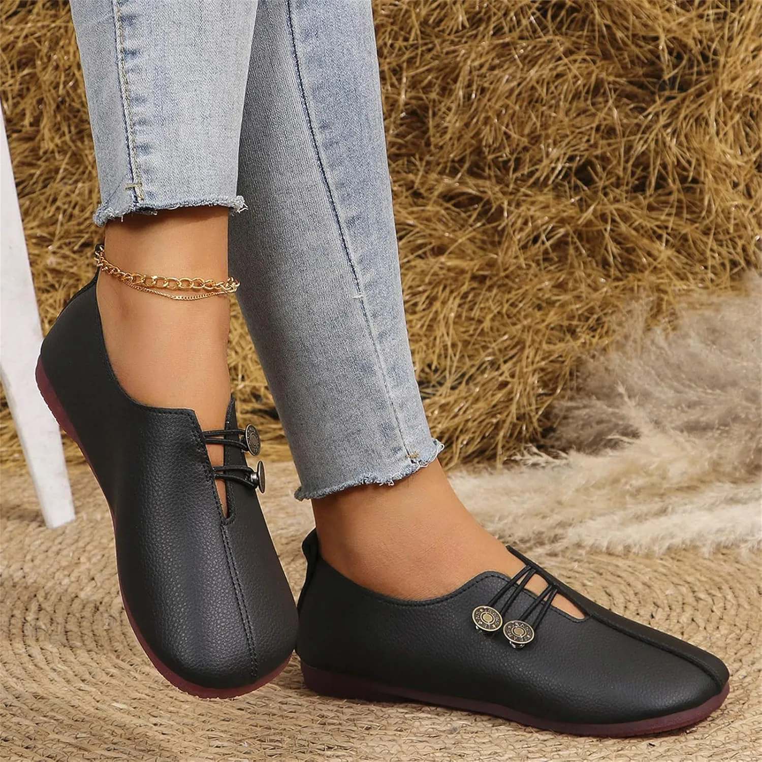 Womens Flats Shoes Slip On Closed Toe Round Head Sandals with Button Business Lightweight Loafers Shoes for Everyday Elegance