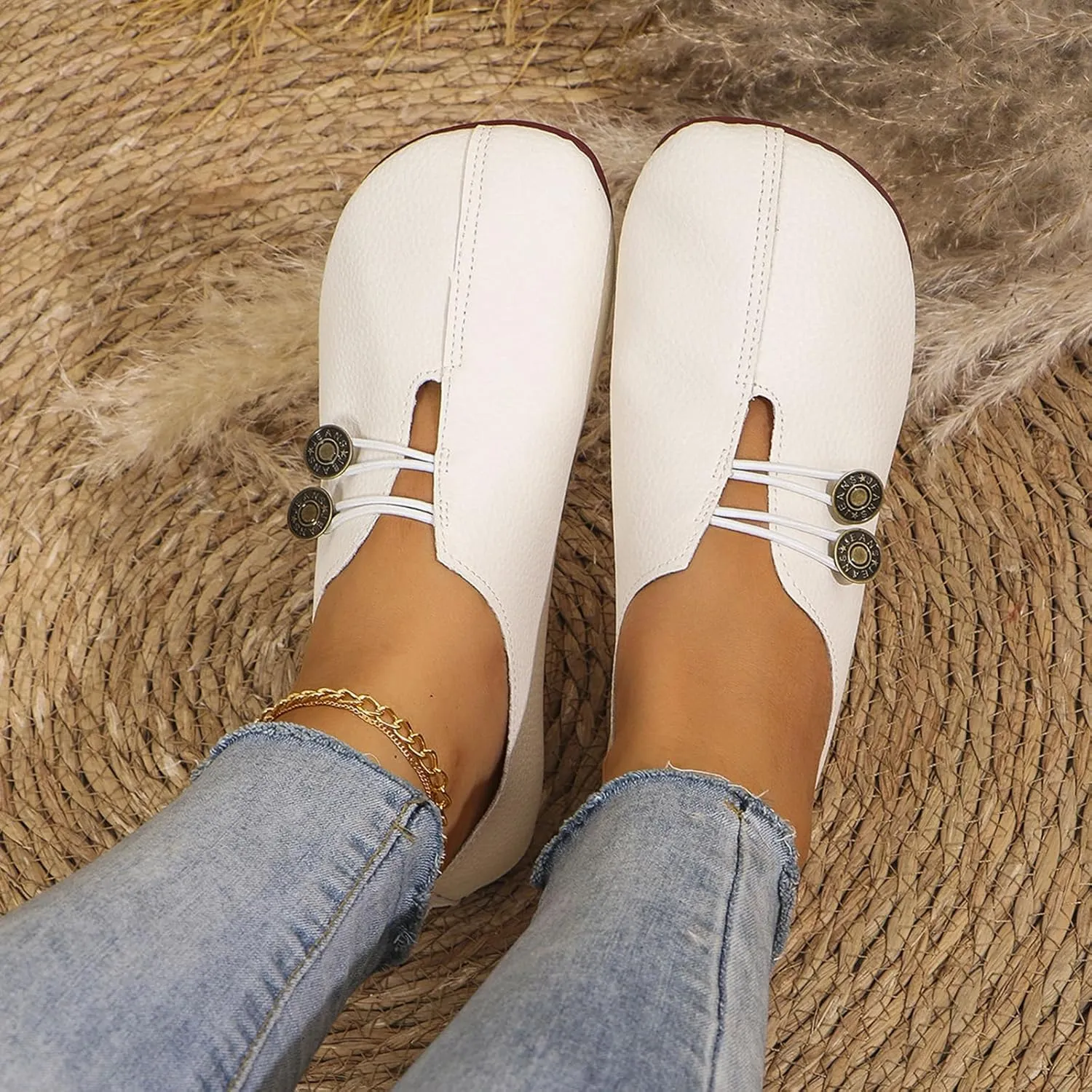 Womens Flats Shoes Slip On Closed Toe Round Head Sandals with Button Business Lightweight Loafers Shoes for Everyday Elegance