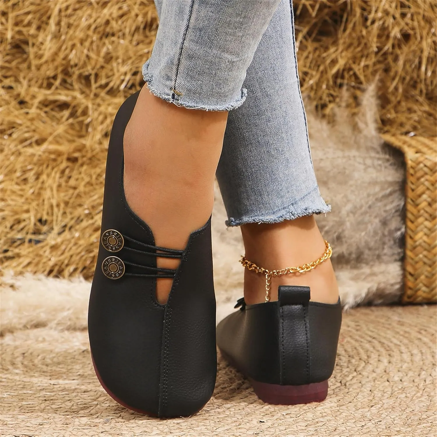 Womens Flats Shoes Slip On Closed Toe Round Head Sandals with Button Business Lightweight Loafers Shoes for Everyday Elegance