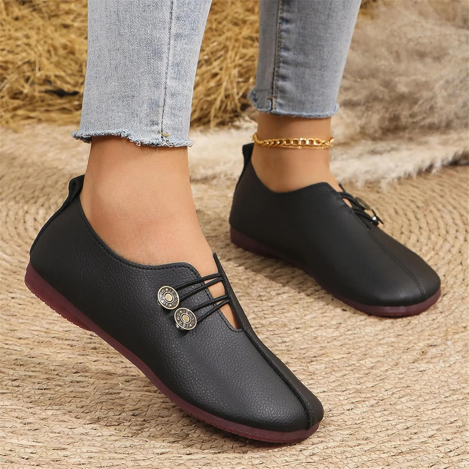 Womens Flats Shoes Slip On Closed Toe Round Head Sandals with Button Business Lightweight Loafers Shoes for Everyday Elegance