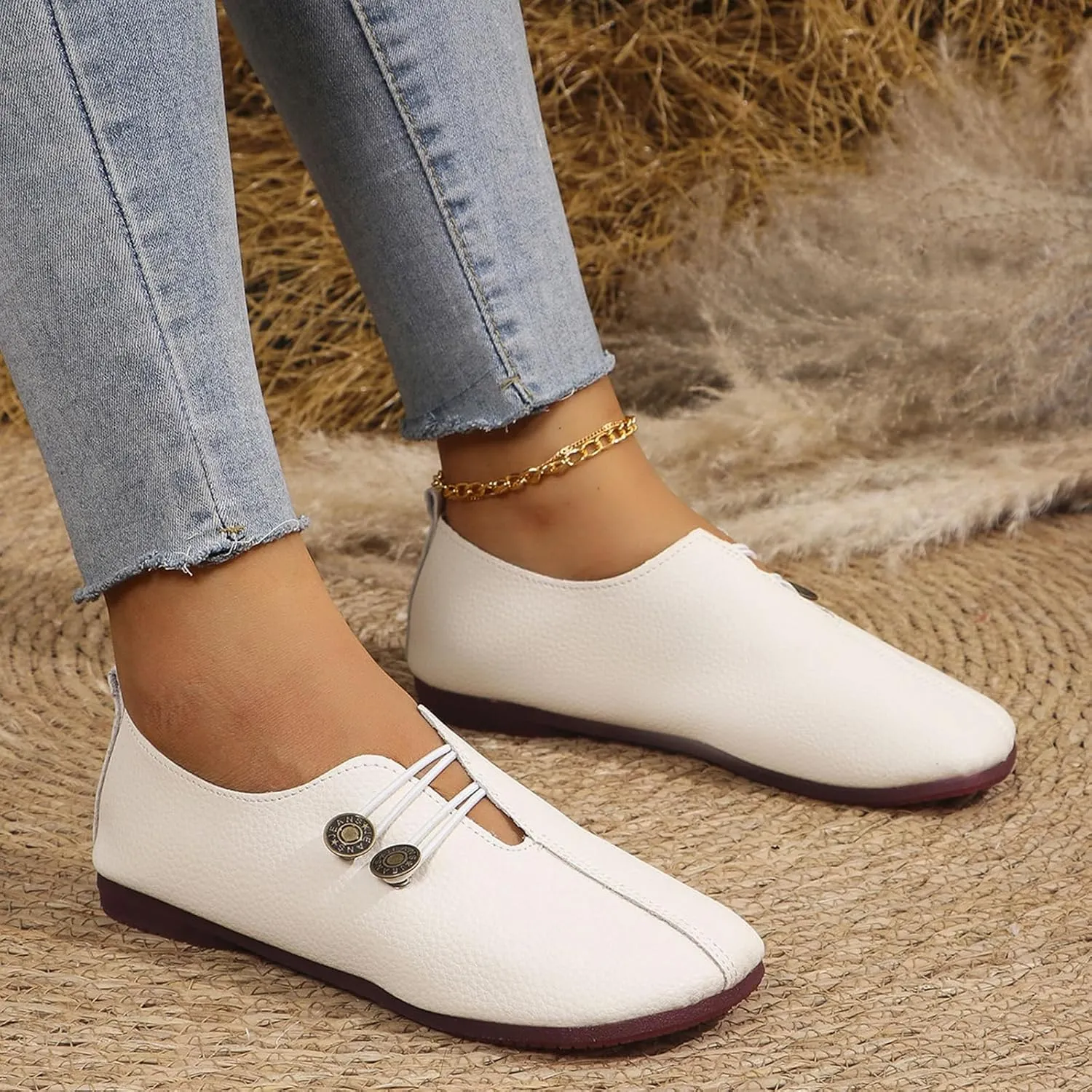 Womens Flats Shoes Slip On Closed Toe Round Head Sandals with Button Business Lightweight Loafers Shoes for Everyday Elegance