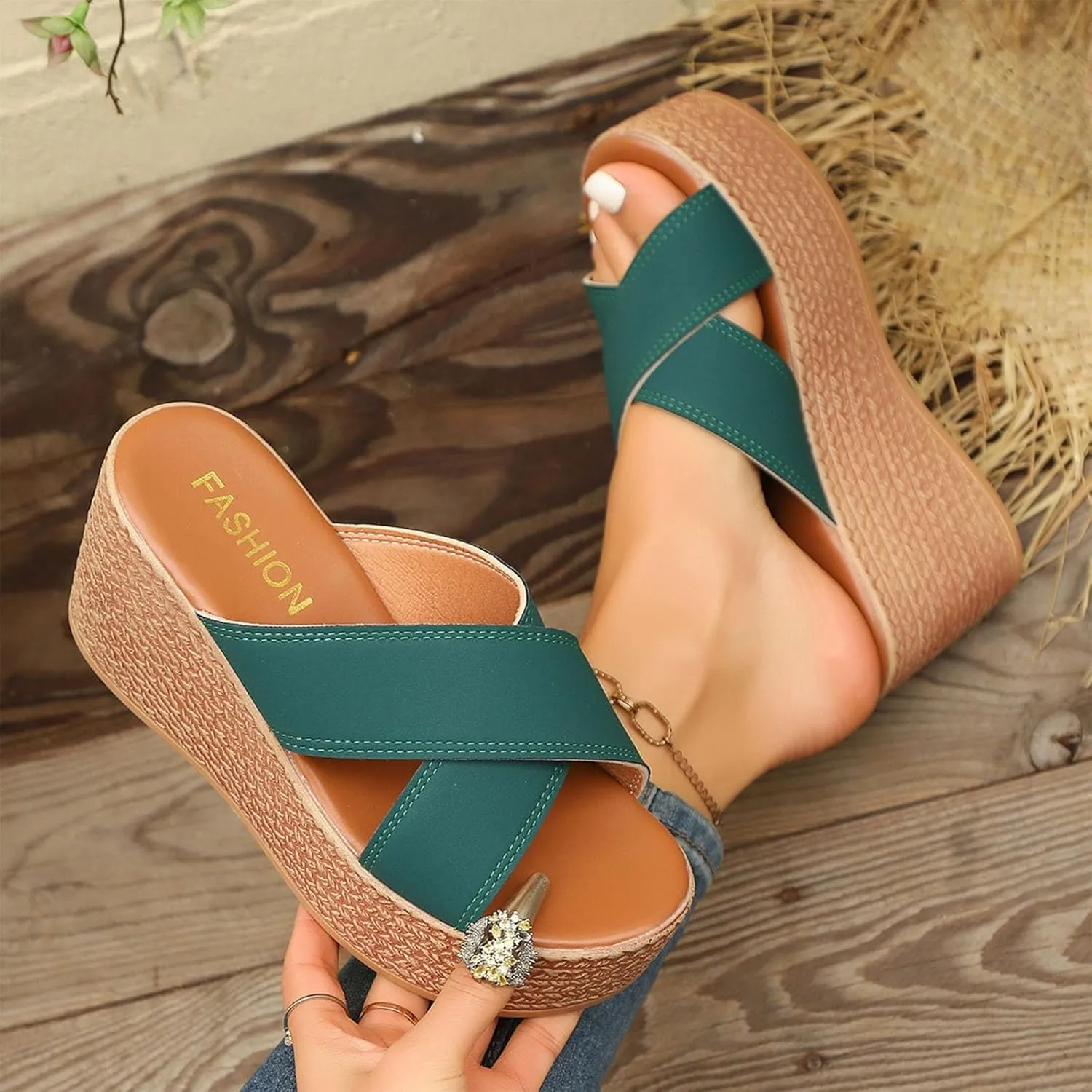 Womens Platform Slip On Sandals Cute Beach High Wedges Slides Bohemia Shoes Flatform Open Toe Summer Vacation Sandal