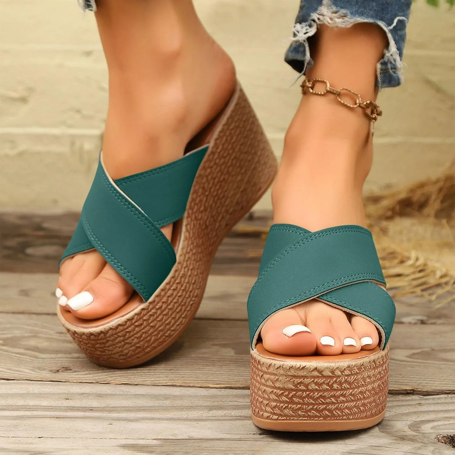 Womens Platform Slip On Sandals Cute Beach High Wedges Slides Bohemia Shoes Flatform Open Toe Summer Vacation Sandal