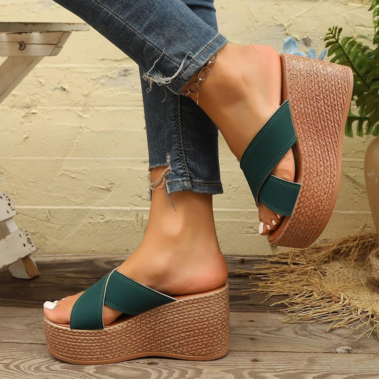 Womens Platform Slip On Sandals Cute Beach High Wedges Slides Bohemia Shoes Flatform Open Toe Summer Vacation Sandal