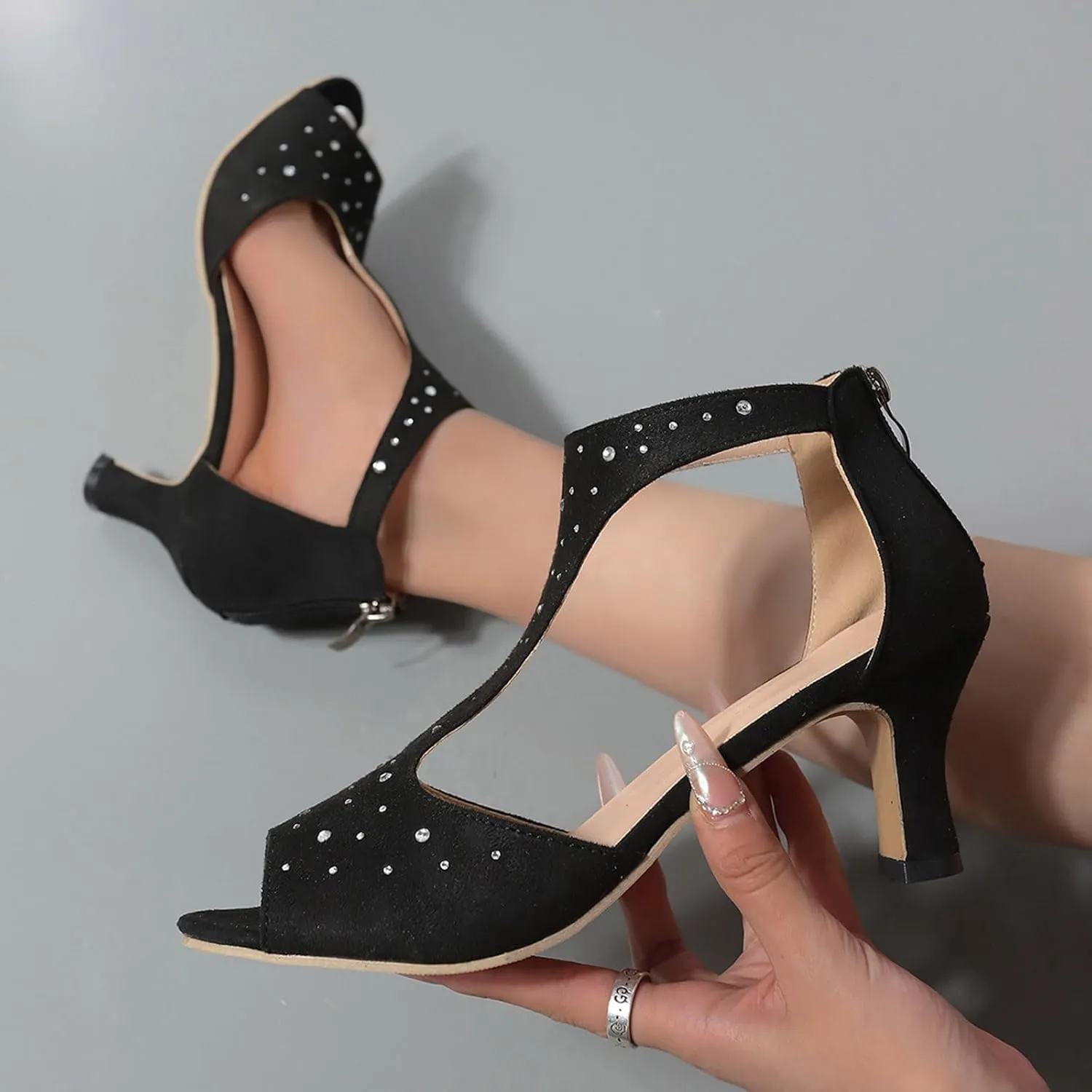 Women's Rhinestone High Heeled Sandals Orthopedic Heels Dress Sexy Open Toe Womens Summer Back Zipper Fish Mouth Casual Suede Leather Comfortable Strappy Mules Sandal Orthotic Beach Boho Outdoor Shoes