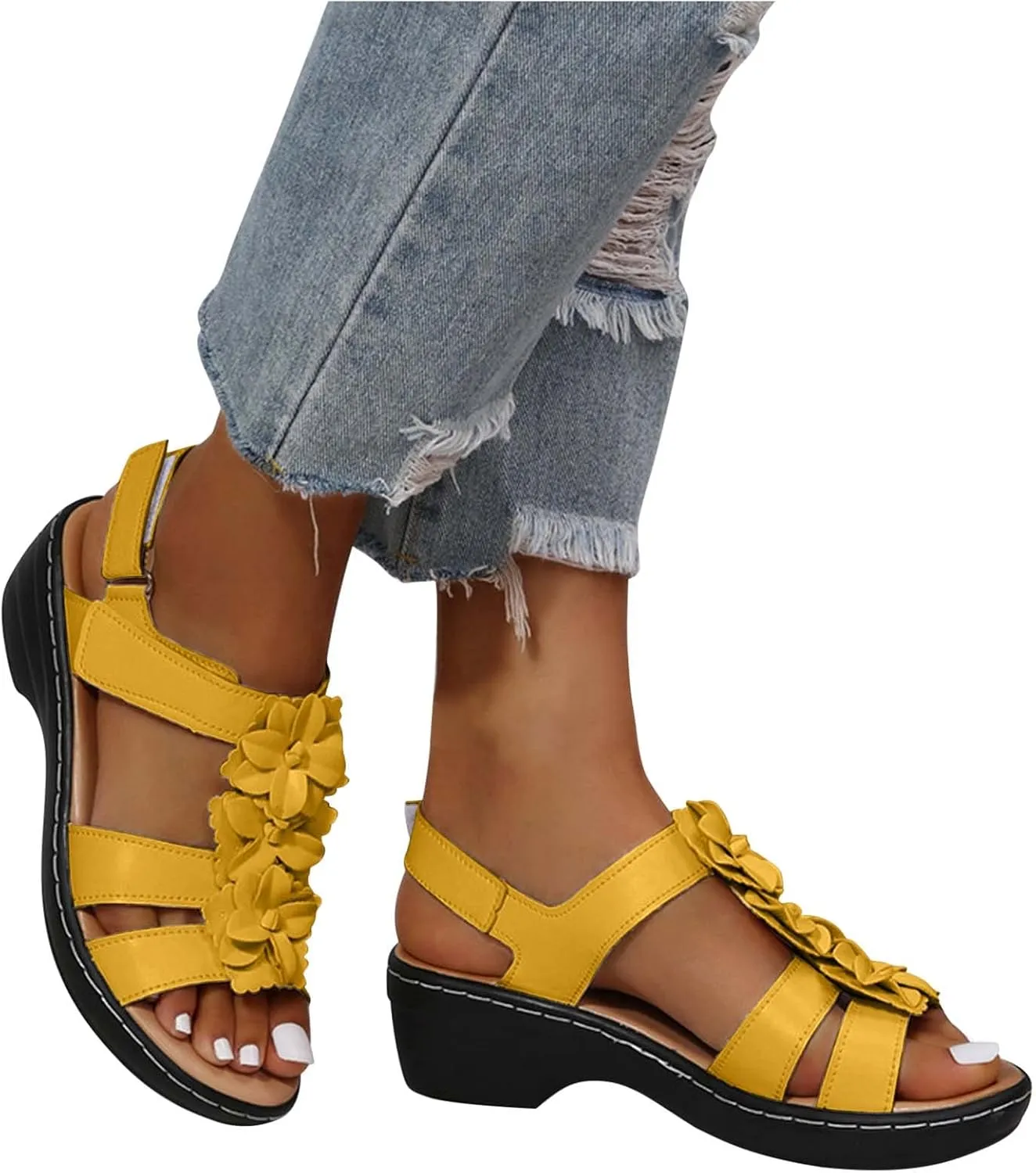 Womens Sandals Ankle Strap Summer Beach Sandals Comfort Walking Shoes Bohemian Flowers Dressy Casual Flats Footwear