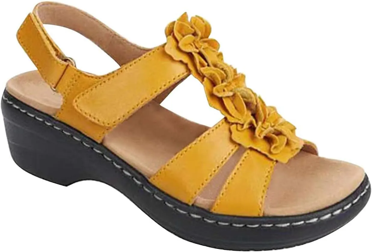 Womens Sandals Ankle Strap Summer Beach Sandals Comfort Walking Shoes Bohemian Flowers Dressy Casual Flats Footwear